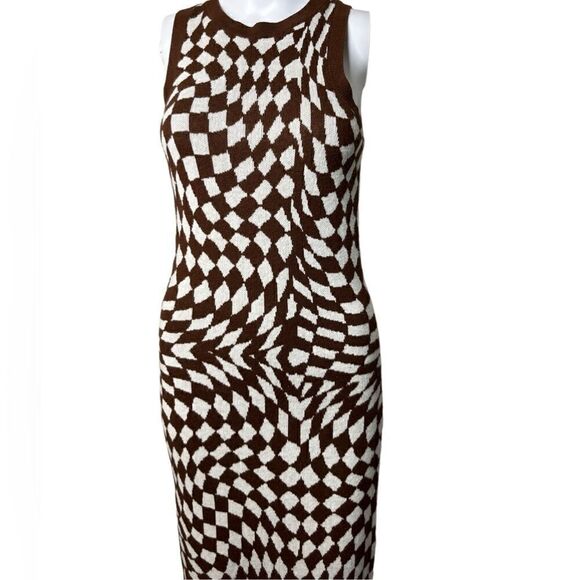 Wild Fable Checkered Jacquard Print Retro Midi Dress Brown & White Size Small - Picture 2 of 5